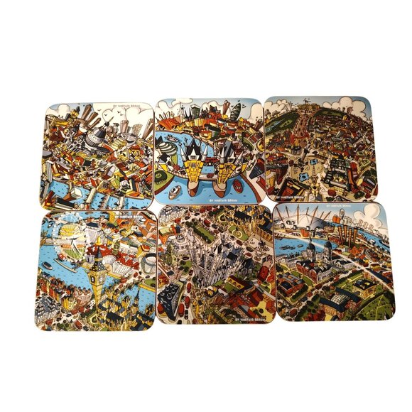 6 Hartwig Braun Cork Backed Coasters, Paris Grane Roue Millinuem Dome Big Ben - Picture 1 of 9